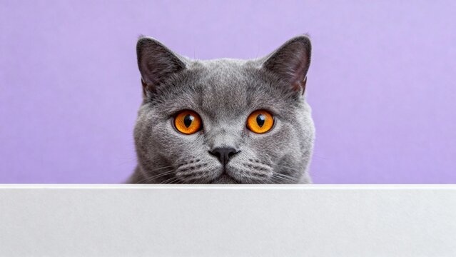 A gray cat with striking orange eyes peeking over a white surface against a purple background - Powered by Adobe