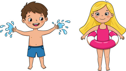 Happy cartoon kids playing with water, boy splashing water, girl with swim ring, summer fun, cute children in swimwear, joyful kids, playful water activity