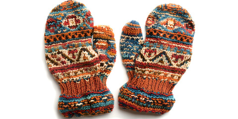 Colorful knitted mittens with traditional geometric patterns adorn a white background.