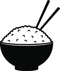 A black silhouette of rice in a bowl with chopsticks on transparent background