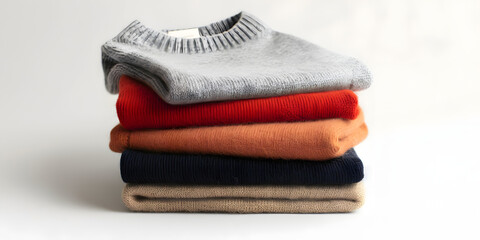 Stack of folded warm knit sweaters in assorted colors.