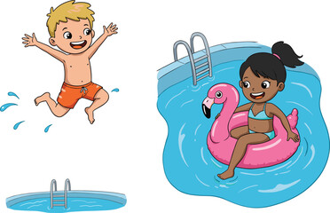 Happy children enjoying summer pool fun, boy jumping into water, girl relaxing on flamingo float, playful splash, outdoor recreation, vacation vibes
