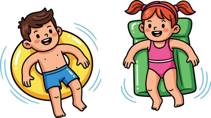Happy children enjoying summer pool fun, boy with yellow inflatable ring, girl with green float, swimming, water play, kids having fun, outdoor activities, summertime joy
