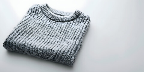 Folded gray knitted sweater rests on a clean white surface.