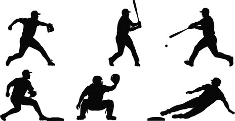 Baseball players in action poses a dynamic sports illustration on transparent background silhouette