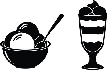 Black ice cream scoops and sundae glass silhouette on transparent background