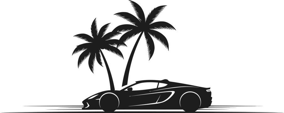 Silhouette of a modern sports car parked under two palm trees, isolated on white background, vector graphic design