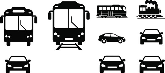 Collection of various transportation vehicles in black silhouette on transparent background