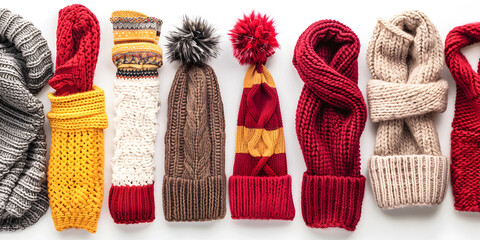 Collection of colorful knitted winter hats and scarves arranged on a white background.