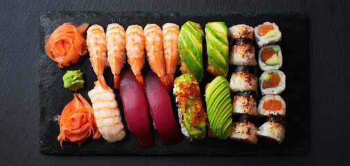 The sushi platter with assorted nigiri and maki rolls, avocado and ginger