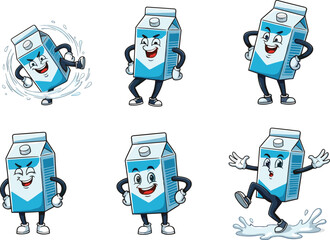 Happy milk carton cartoon characters with expressive faces, funny dairy mascots in various poses, playful beverage illustrations, cheerful product design