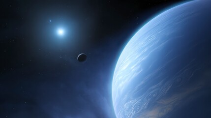 Celestial Trio: A breathtaking cosmic vista unfolds, featuring a luminous sun, a mesmerizing blue planet, and a satellite.