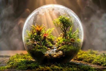 Luminous glass terrarium featuring a vibrant miniature ecosystem with a tiny stream, moss, and tropical plants. Ethereal light beams.