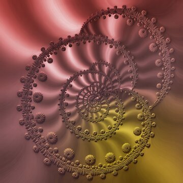 Detailed fractal spiral with textured elements in pink and yellow gradient intricate