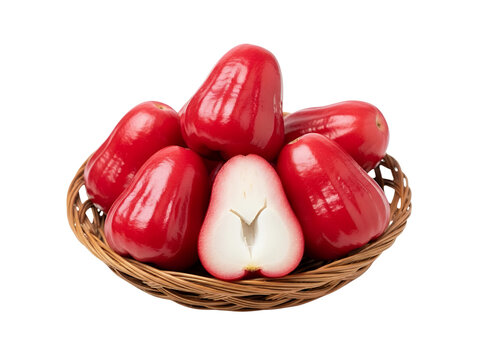A rose apple on the woven bowl, white background isolated