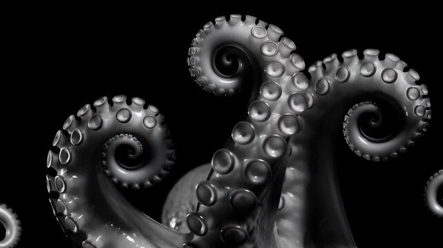 Close-up of an octopuss powerful tentacles with suckers rendered in monochrome against a dark background evoking mystery and deep-sea life