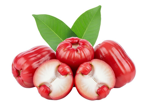 Fresh rose apple with a green leaf and organic fruit isolated on a white background