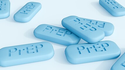 A close-up 3D render of scattered blue, oval pills with 