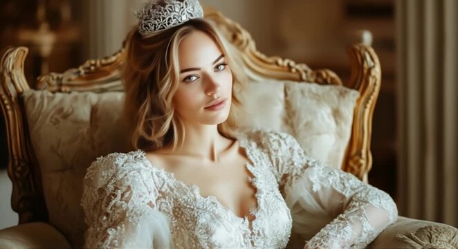 Elegant young woman in ornate gown and tiara rests in luxurious armchair, exuding regal beauty and grace.