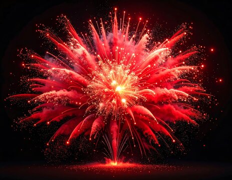 Expansive red explosion in the dark, resembling fireworks with dust and radiant glow - Powered by Adobe