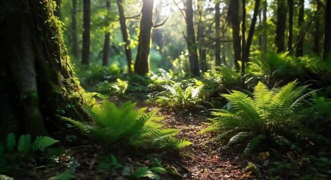 Sunlight streams through a lush, green forest path, illuminating ferns and ancient trees.