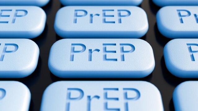 A close-up 3D render of scattered blue, oval pills with "PrEP" engraved on the surface, representing Pre-Exposure Prophylaxis medication for HIV prevention.