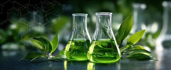 The flasks filled with green liquid and leaves representing sustainable laboratory research