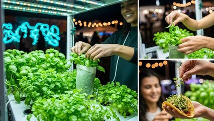 Urban Night Market Community Herb Garden Under Neon Hydroponic Lights, Urban Agriculture