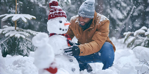 Smiling man builds a snowman in a snowy forest during winter.