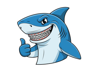 Naklejka premium A cartoon shark with braces on its teeth gives a thumbs up, smiling confidently.