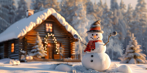 Snowman and cozy cabin in a winter wonderland during snowfall.