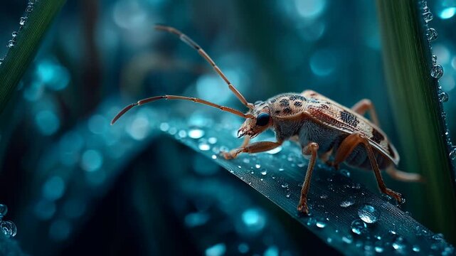 A close-up of a colorful beetle perched on a dewy green leaf, showcasing intricate patterns and textures. The vibrant colors contrast beautifully with the blurred blue background.