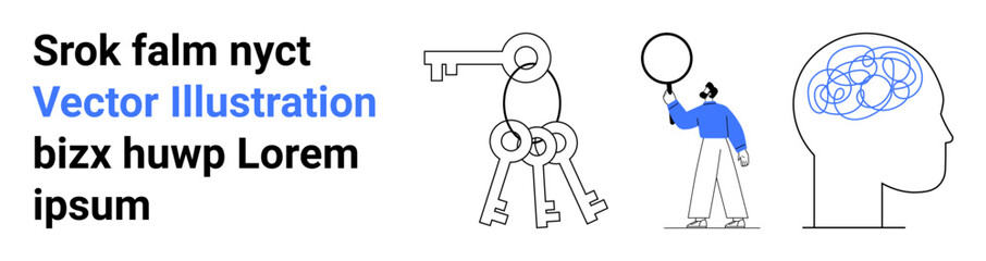 Keys symbolize solutions, a person holds a magnifying glass investigating, brain represents abstract ideas and problem-solving. Ideal for brainstorming, creativity, education, psychology, innovation