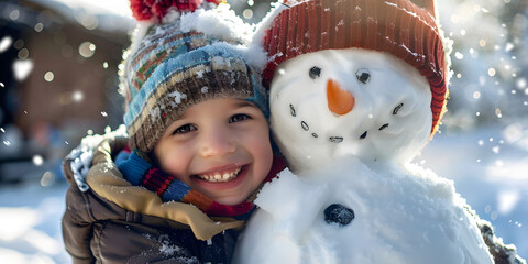 A cheerful child hugs a smiling snowman in a snowy winter scene.