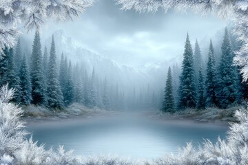Frozen winter lake surrounded by snow-covered pine forest, serene icy landscape with soft fog, cool blue tones and tranquil seasonal atmosphere
