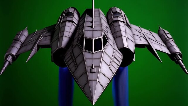 Futuristic grey angular spacecraft model a detailed 3D render perfect for science fiction themes and gaming assets isolated on a green background