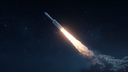 A powerful rocket launches skyward against the backdrop of a starlit night, leaving a trail of brilliant flames in its wake. 