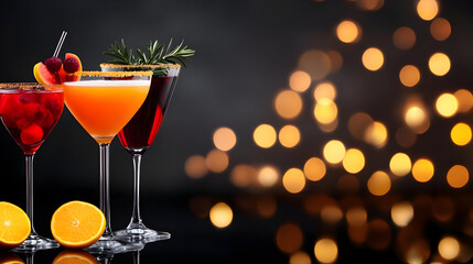 Assorted colorful cocktails adorned with fruits and herbs on a reflective surface for a festive mood. Generated Ai