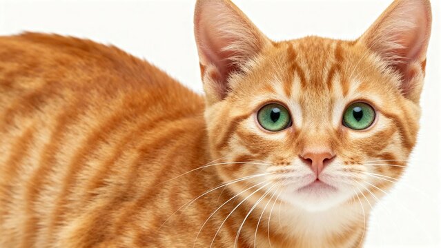 Close-up of an orange tabby cat with green eyes against a white background - Powered by Adobe