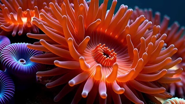 Vibrant orange sea anemone with detailed tentacles a close-up macro shot of marine life in a coral reef ecosystem perfect for oceanography or nature ba