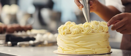 The cake being piped with buttercream rosettes by a pastry chef in the kitchen