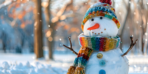 Festive snowman wears colorful knitted hat and scarf during snowfall.