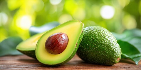 The Avocado Halves on Wooden Surface with Bright Bokeh Background