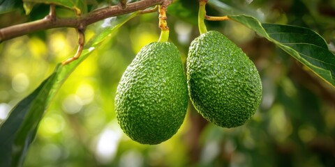 The Avocados Hanging on a Sunlit Tree Branch Ready for Harvest