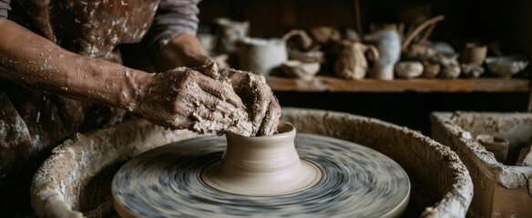 The Pottery Wheel in a Rustic Studio with Hands Shaping a Clay Vessel