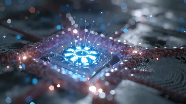 Macro shot of AI biosensor detecting biomarkers, glowing nanotechnology visualization, futuristic healthcare precision, ai biomedical analysis