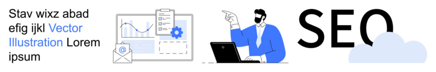 Digital marketing, SEO strategies, analytics, online consultation, business growth, data optimization. A consultant points to SEO text with a laptop next to analytics diagrams. Keywords Digital