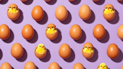A pattern of brown eggs and yellow toy chicks in cracked shells on a purple background.