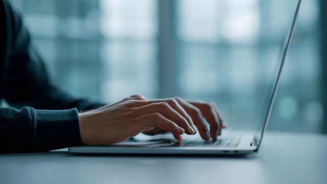 Web design cyberspace technology hand typing laptop modern office, focused workflow and calm mood, sleek device desk near window, digital work environment with soft light, minimalist workspace