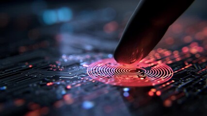 Macro shot of AI-driven biometric sensor detecting mood through fingertips, glowing circuit lines, precision technology, ai driven mental health tools